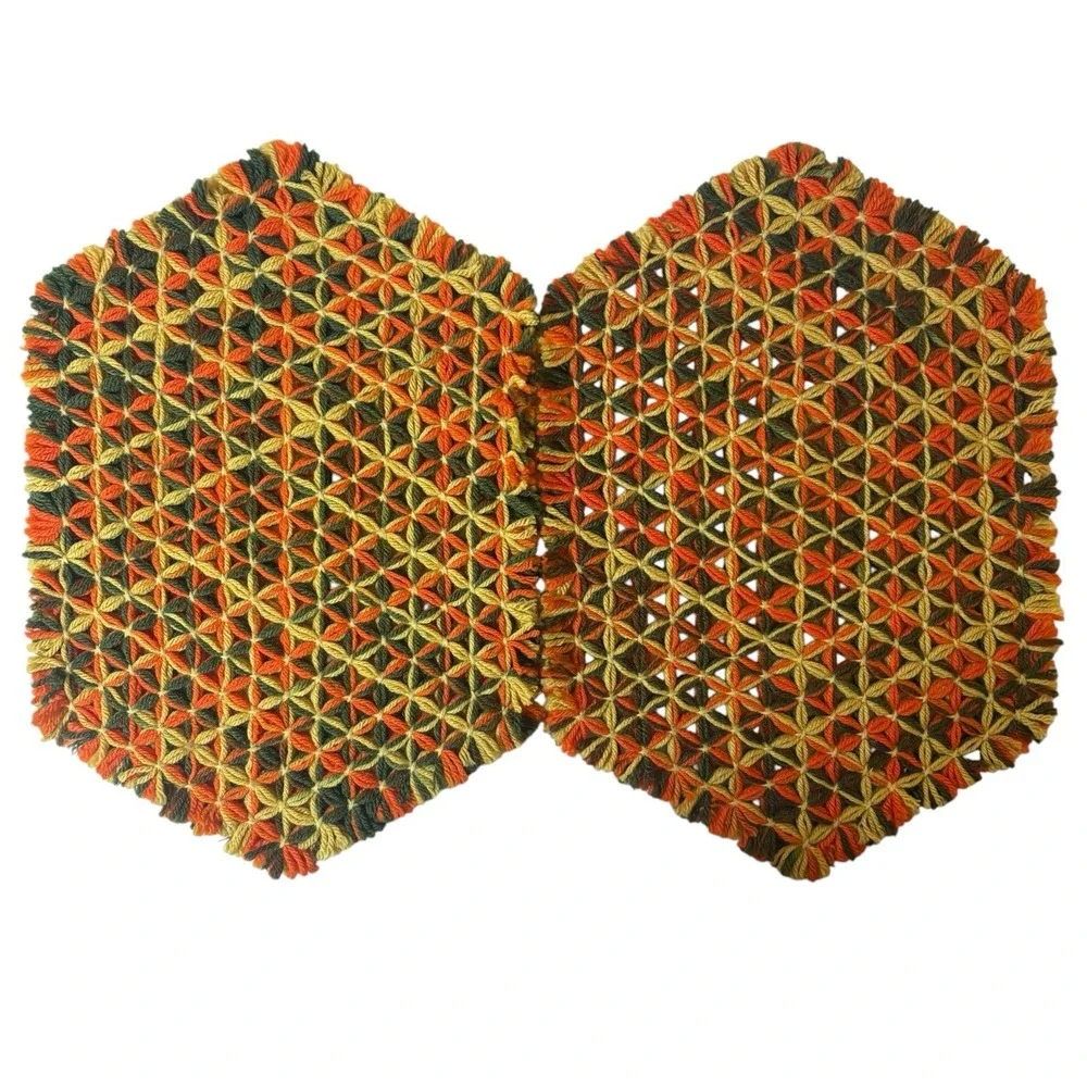 Retro crochet 70s placemats Yarn Orange/Yellow 16x10 groovy set of 2 Hand made